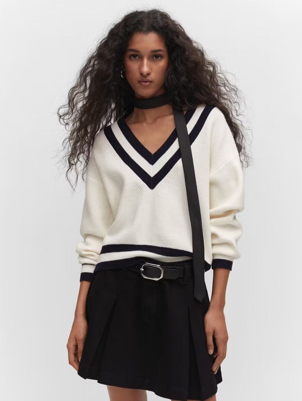 MNG Mango Womens White Black Contrasting Trim Knit Sweater - Size Large